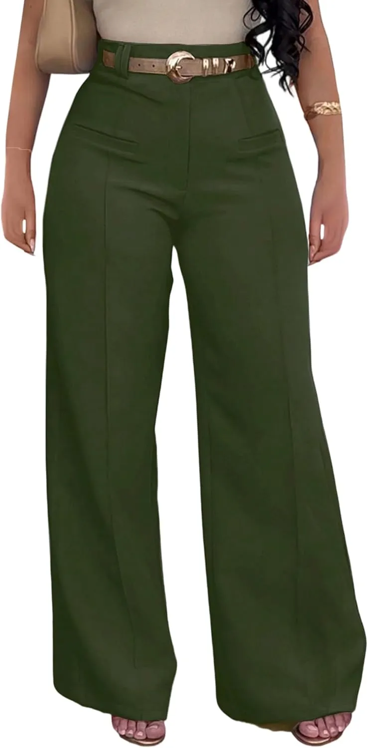 Tcremisa Women's Dressy Wide Leg Long Palazzo Pants Casual Straight Legs Loose High Waist Trousers(No Belt)