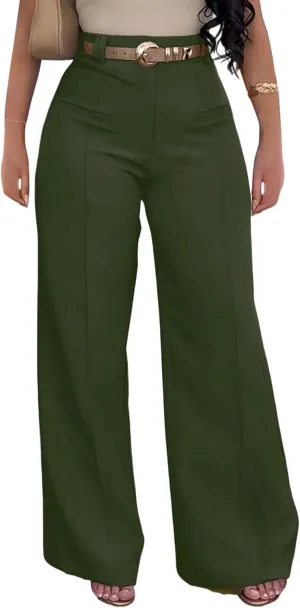 Tcremisa Women's Dressy Wide Leg Long Palazzo Pants Casual Straight Legs Loose High Waist Trousers(No Belt)