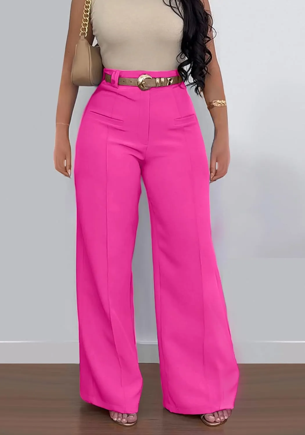 Tcremisa Women's Dressy Wide Leg Long Palazzo Pants Casual Straight Legs Loose High Waist Trousers(No Belt)