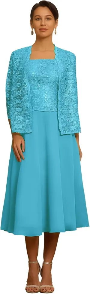 Tea Length Mother of The Bride Dresses with Jackets 2 Pieces Chiffon Floral Laces Sequins Formal Evening Dresses