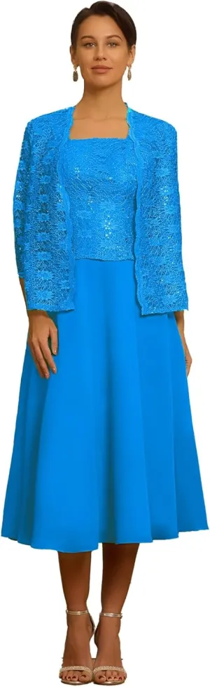 Tea Length Mother of The Bride Dresses with Jackets 2 Pieces Chiffon Floral Laces Sequins Formal Evening Dresses