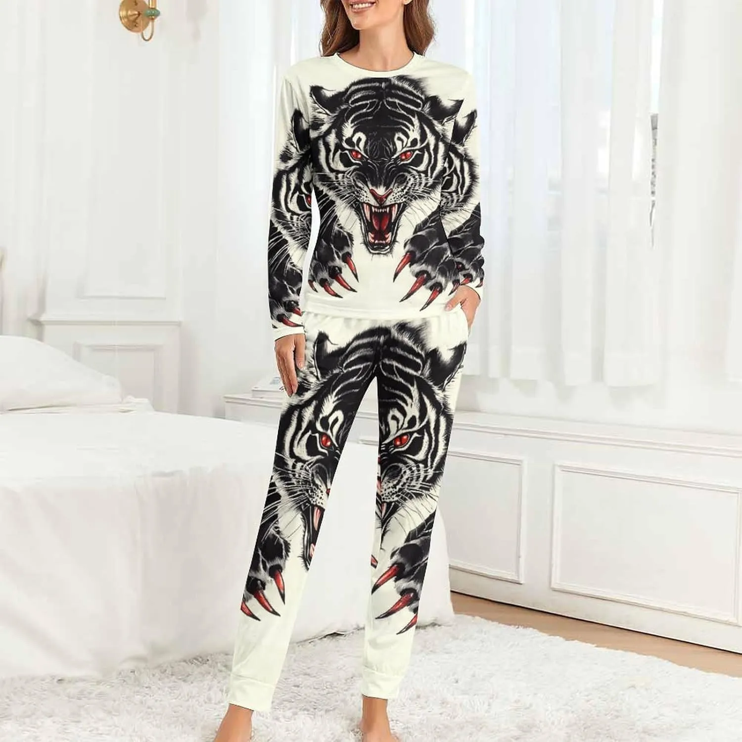 Tiger Claws Women's Pajama Set Long Sleeve T-shirts Top & Pant Comfort Sleepwear Loungewear