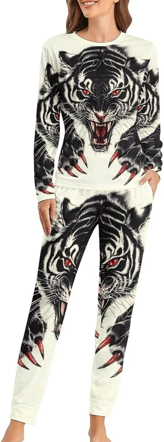 Tiger Claws Women's Pajama Set Long Sleeve T-shirts Top & Pant Comfort Sleepwear Loungewear