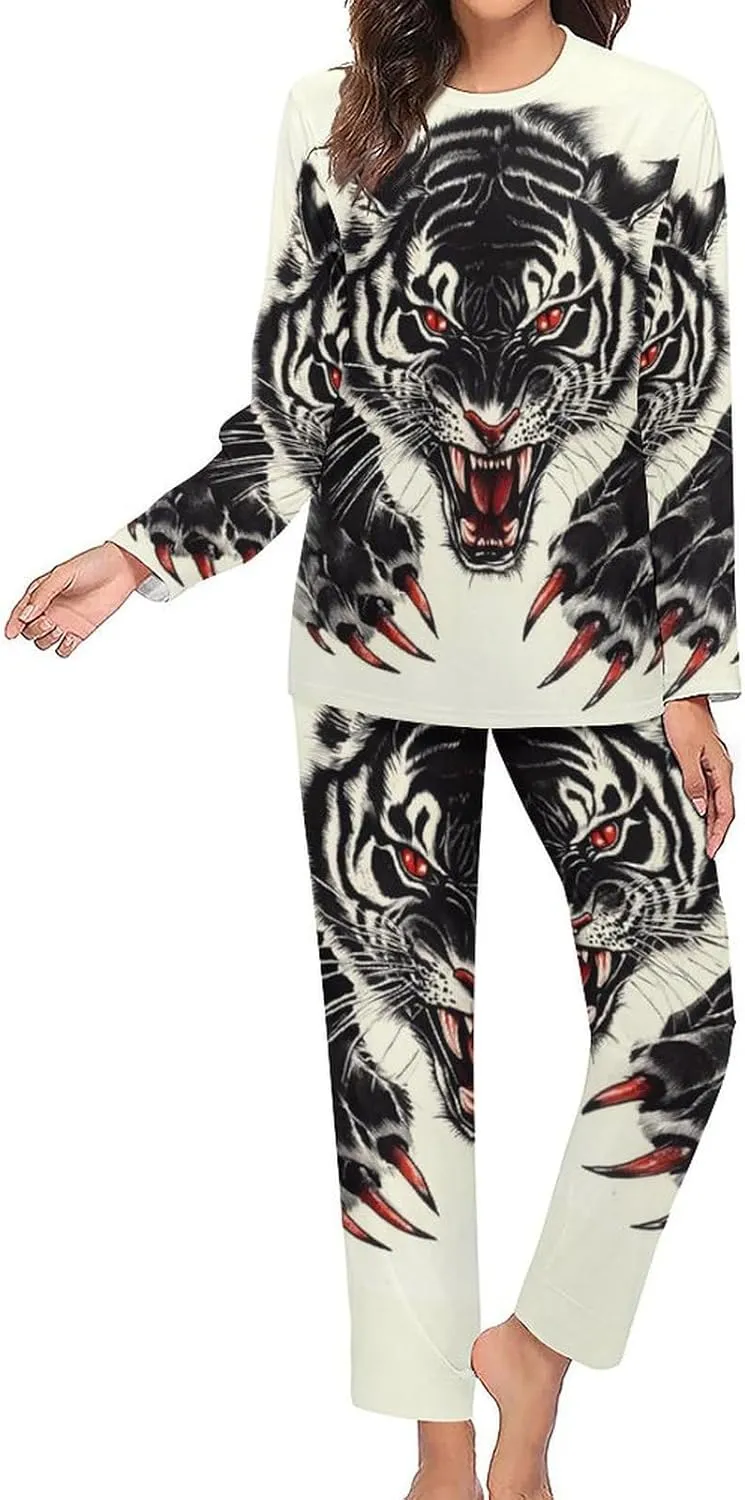 Tiger Claws Women's Pajama Set Long Sleeve T-shirts Top & Pant Comfort Sleepwear Loungewear