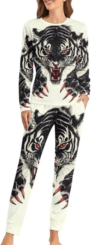 Tiger Claws Women's Pajama Set Long Sleeve T-shirts Top & Pant Comfort Sleepwear Loungewear