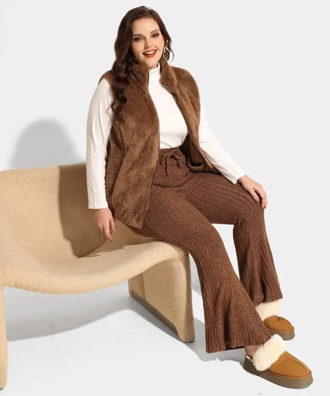 TIYOMI Plus Size Ribbed Pants for Women Drawstring High Waist Wide Leg Lounge Pants Knit Flared Trousers with Pockets XL-5XL