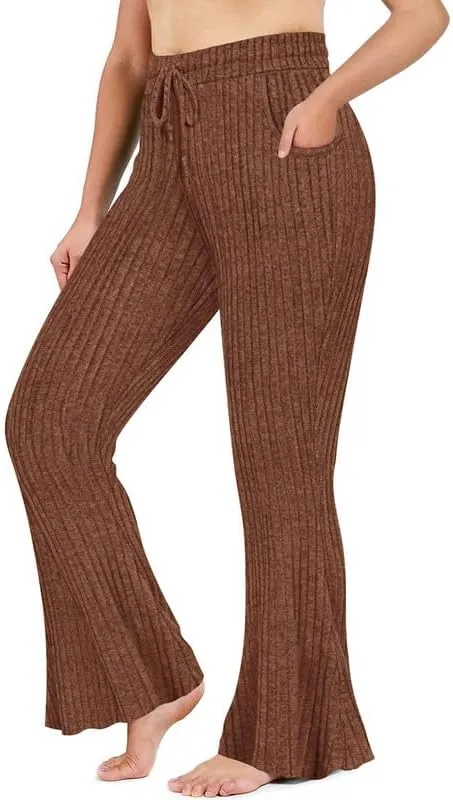 TIYOMI Plus Size Ribbed Pants for Women Drawstring High Waist Wide Leg Lounge Pants Knit Flared Trousers with Pockets XL-5XL