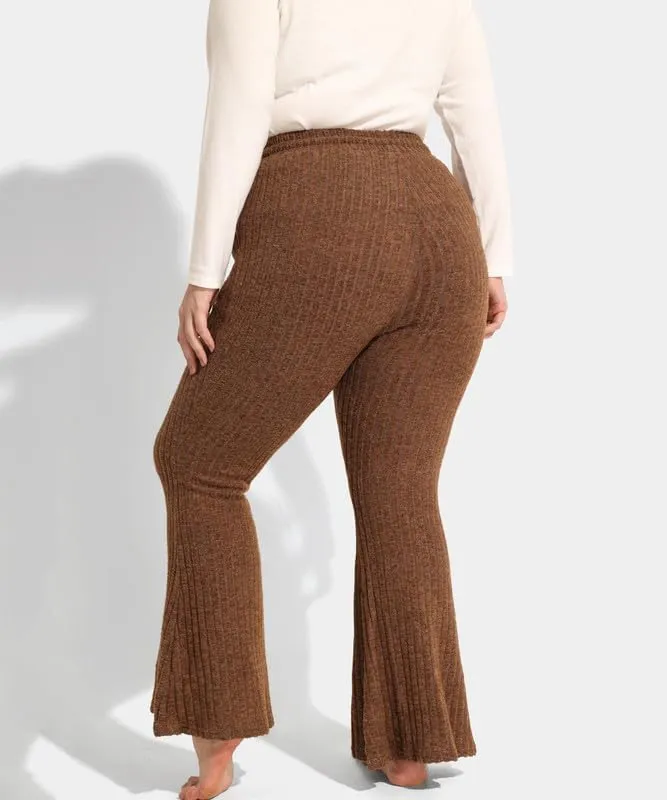 TIYOMI Plus Size Ribbed Pants for Women Drawstring High Waist Wide Leg Lounge Pants Knit Flared Trousers with Pockets XL-5XL