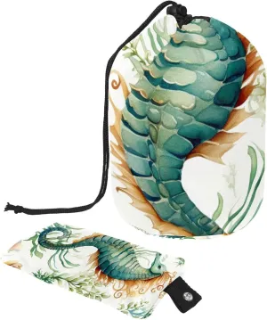 Travel Cosmetic Bags bucket Makeup Bag, Art Blue Seahorse Seaweed Women Portable Foldable Cases, Multifunctional Toiletry Bucket Bags Round Organizer Storage