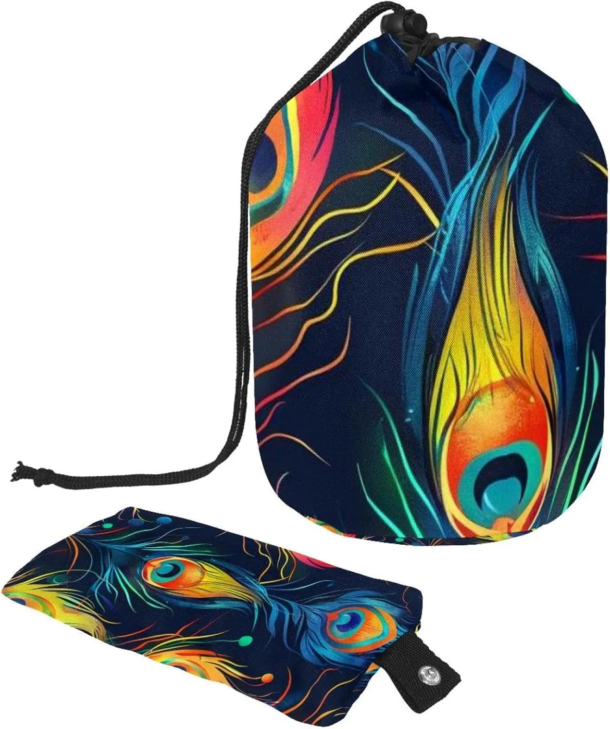 Travel Cosmetic Bags bucket Makeup Bag, Art Peacock Feathers Women Portable Foldable Cases, Multifunctional Toiletry Bucket Bags Round Organizer Storage