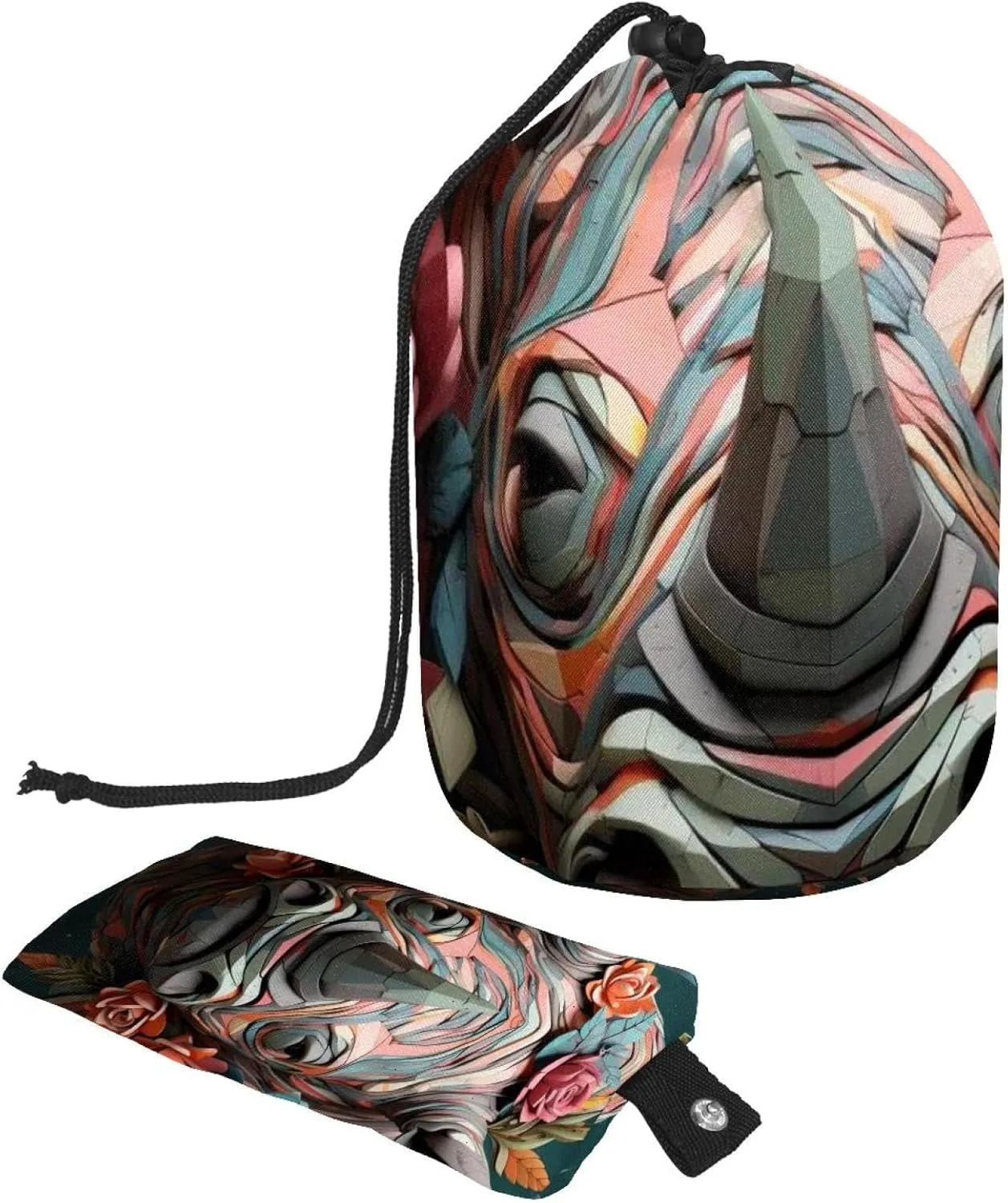 Travel Cosmetic Bags bucket Makeup Bag, Art Rhino Pattern 10 Women Portable Foldable Cases, Multifunctional Toiletry Bucket Bags Round Organizer Storage