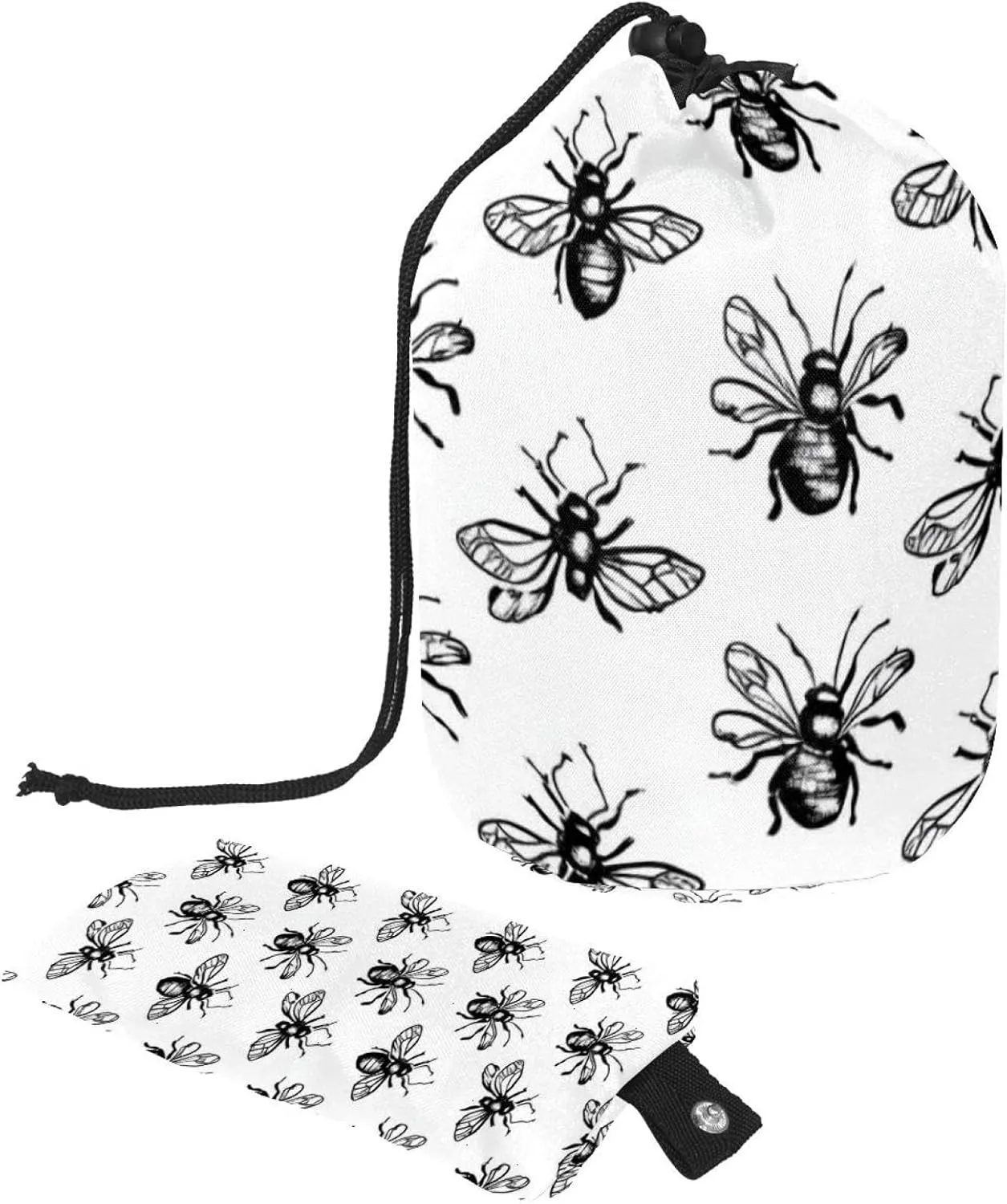 Travel Cosmetic Bags bucket Makeup Bag, Black & White Simple Insect Women Portable Foldable Cases, Multifunctional Toiletry Bucket Bags Round Organizer Storage