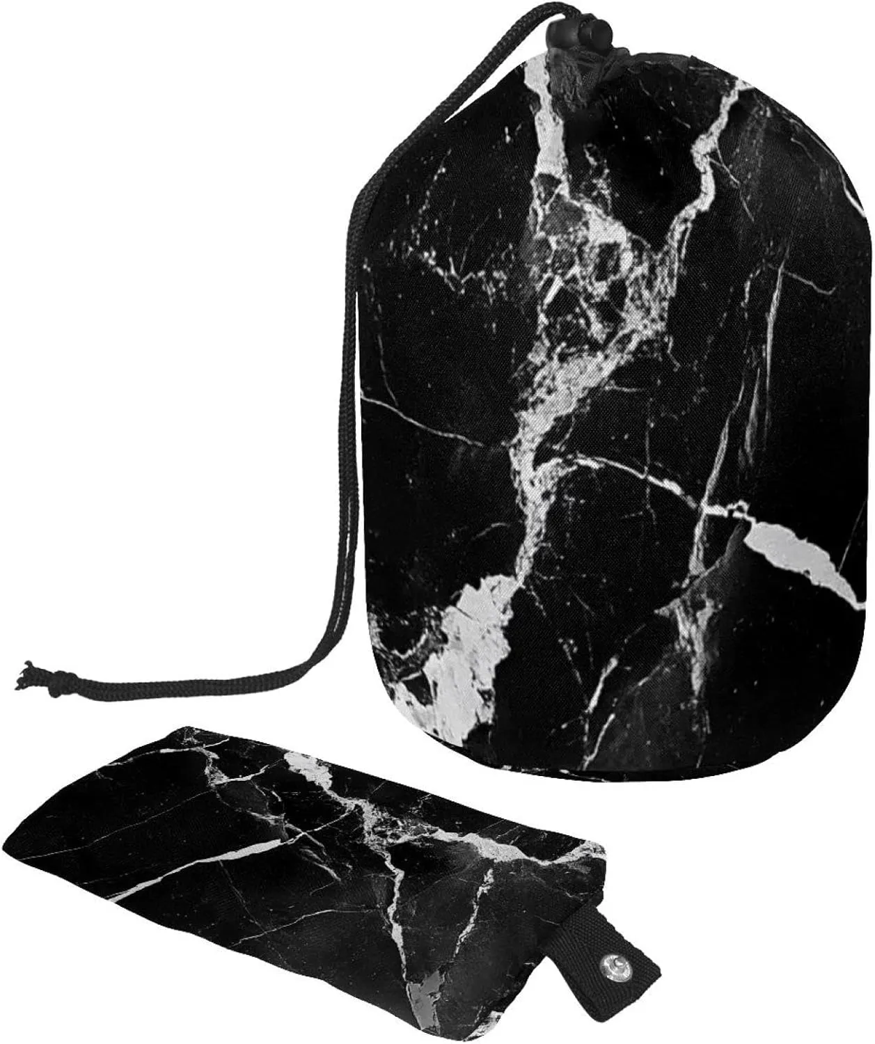 Travel Cosmetic Bags bucket Makeup Bag, Black Marble Texture Print 2 Women Portable Foldable Cases, Multifunctional Toiletry Bucket Bags Round Organizer Storage