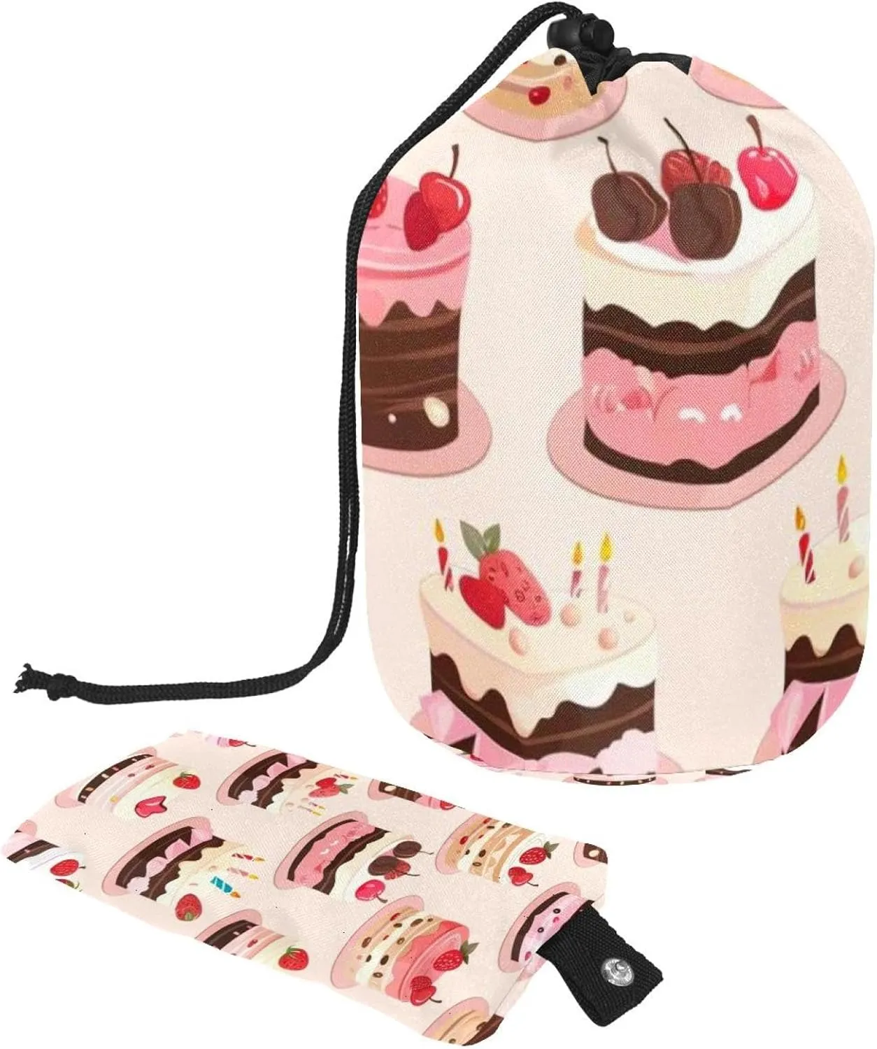 Travel Cosmetic Bags bucket Makeup Bag, Cute Pink Birthday Cake Women Portable Foldable Cases, Multifunctional Toiletry Bucket Bags Round Organizer Storage