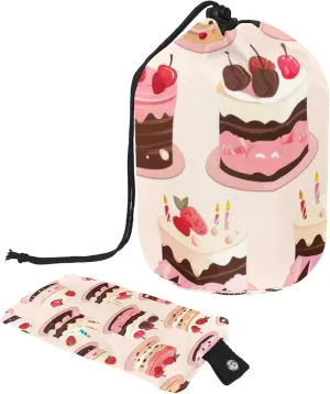 Travel Cosmetic Bags bucket Makeup Bag, Cute Pink Birthday Cake Women Portable Foldable Cases, Multifunctional Toiletry Bucket Bags Round Organizer Storage