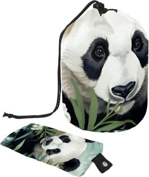 Travel Cosmetic Bags bucket Makeup Bag, Green Floral with Panda Pattern Women Portable Foldable Cases, Multifunctional Toiletry Bucket Bags Round Organizer Storage