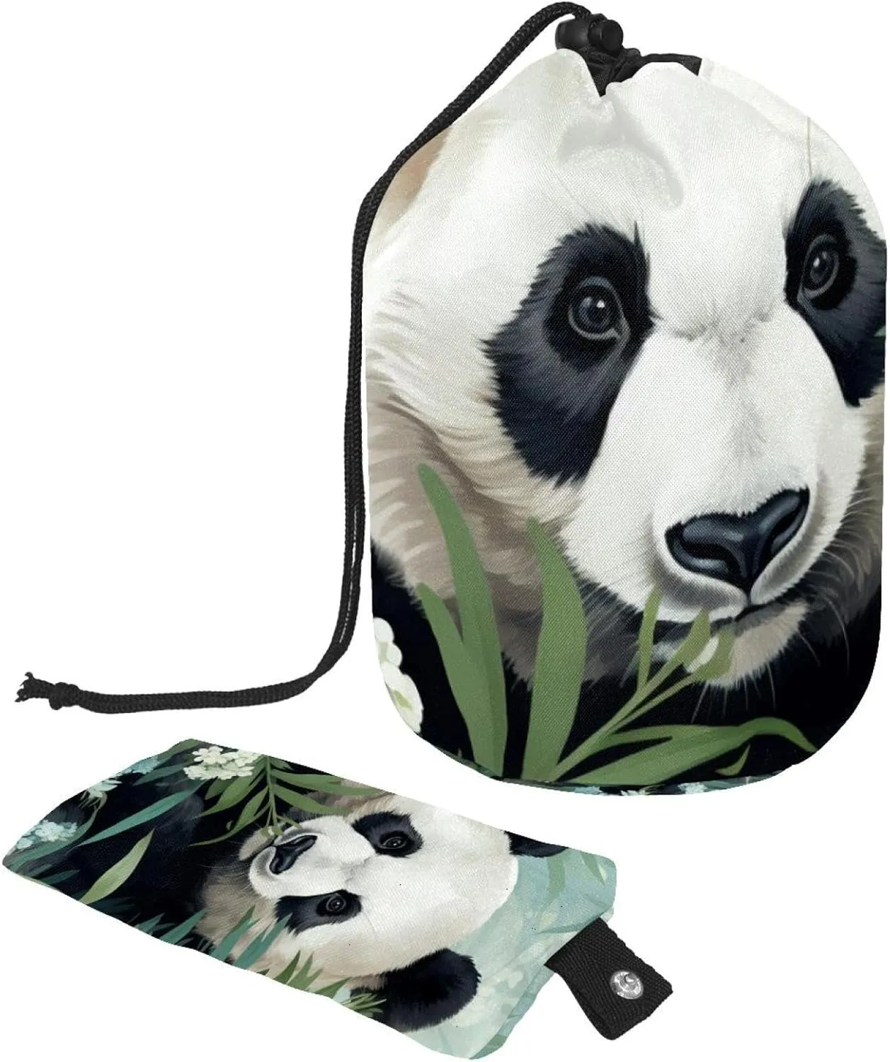 Travel Cosmetic Bags bucket Makeup Bag, Green Floral with Panda Pattern Women Portable Foldable Cases, Multifunctional Toiletry Bucket Bags Round Organizer Storage