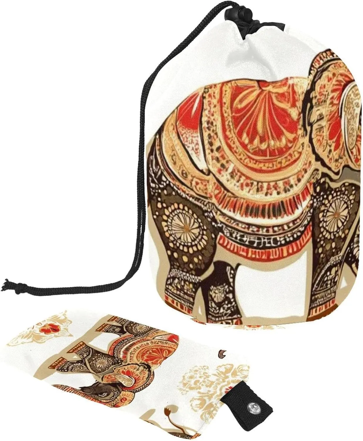Travel Cosmetic Bags bucket Makeup Bag, Retro Art Indian Elephant 50 Women Portable Foldable Cases, Multifunctional Toiletry Bucket Bags Round Organizer Storage