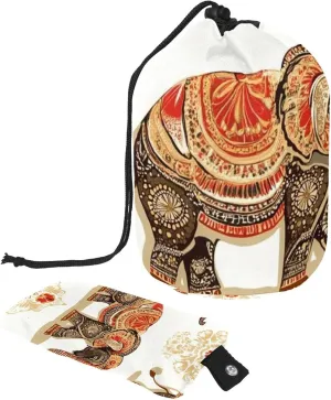 Travel Cosmetic Bags bucket Makeup Bag, Retro Art Indian Elephant 50 Women Portable Foldable Cases, Multifunctional Toiletry Bucket Bags Round Organizer Storage