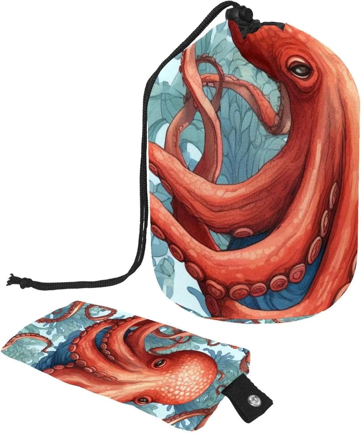 Travel Cosmetic Bags bucket Makeup Bag, Sea Animal Octopus Women Portable Foldable Cases, Multifunctional Toiletry Bucket Bags Round Organizer Storage