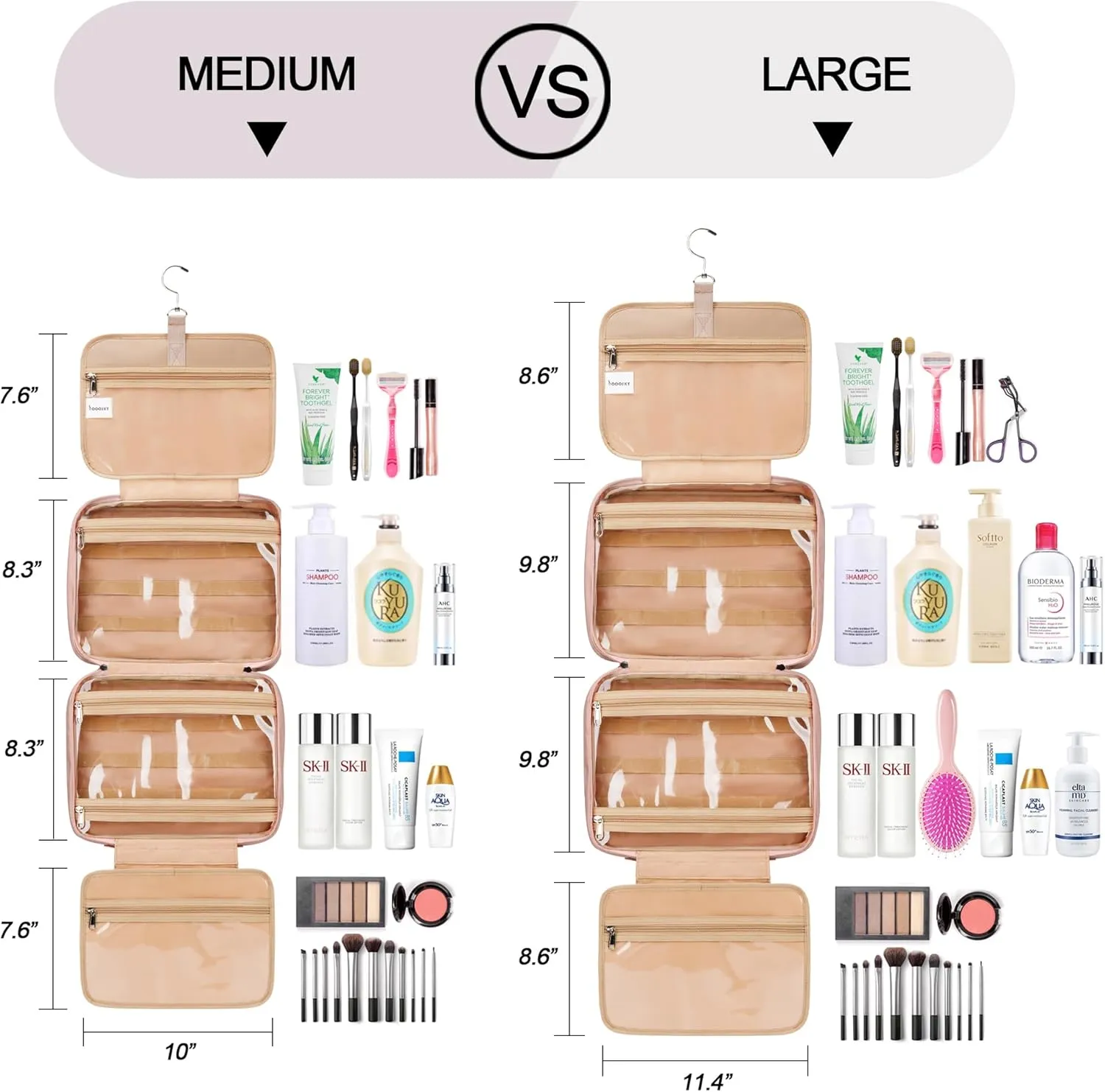 Travel Hanging Toiletry Bag for Women, Extra Large Makeup Bag, Holds Full-Size Shampoo, with Jewelry Organizer Compartment, Waterproof Cosmetic Bag, Toiletries Kit Set with Trolley Belt, Baby Pink