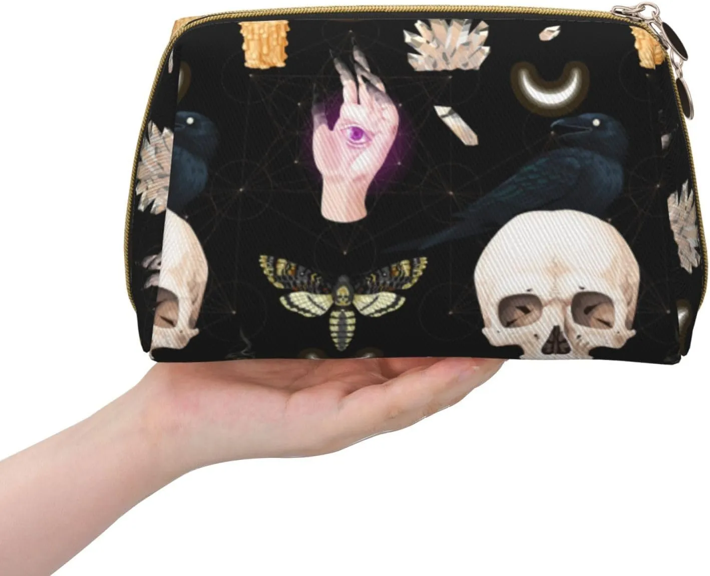 Travel Toiletry Bag Compatible With Halloween Gothic Raven Moon Moth Skull, Portable Cosmetic Clutch Coin Bag, Waterproof Leather Cloth Waterproof Zipper Portable Makeup Bag for Women
