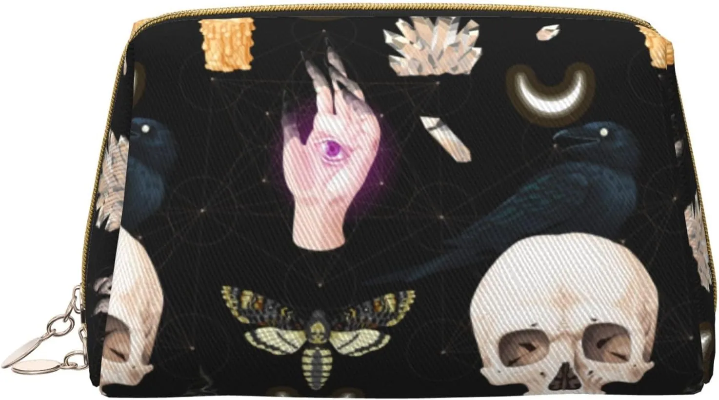 Travel Toiletry Bag Compatible With Halloween Gothic Raven Moon Moth Skull, Portable Cosmetic Clutch Coin Bag, Waterproof Leather Cloth Waterproof Zipper Portable Makeup Bag for Women