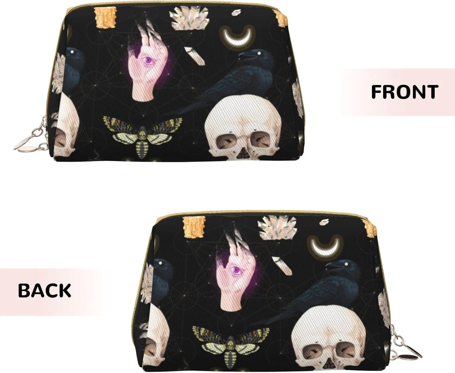 Travel Toiletry Bag Compatible With Halloween Gothic Raven Moon Moth Skull, Portable Cosmetic Clutch Coin Bag, Waterproof Leather Cloth Waterproof Zipper Portable Makeup Bag for Women