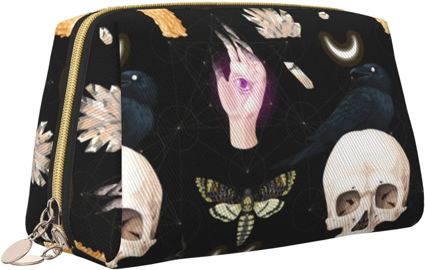 Travel Toiletry Bag Compatible With Halloween Gothic Raven Moon Moth Skull, Portable Cosmetic Clutch Coin Bag, Waterproof Leather Cloth Waterproof Zipper Portable Makeup Bag for Women