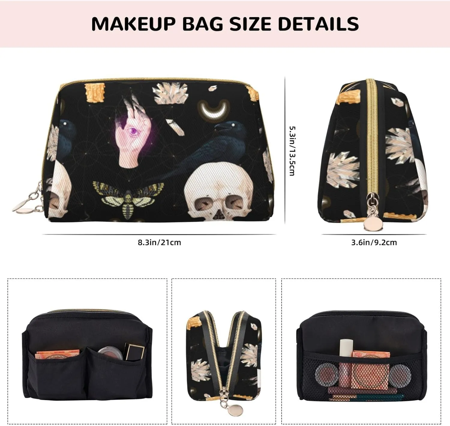 Travel Toiletry Bag Compatible With Halloween Gothic Raven Moon Moth Skull, Portable Cosmetic Clutch Coin Bag, Waterproof Leather Cloth Waterproof Zipper Portable Makeup Bag for Women