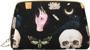 Travel Toiletry Bag Compatible With Halloween Gothic Raven Moon Moth Skull, Portable Cosmetic Clutch Coin Bag, Waterproof Leather Cloth Waterproof Zipper Portable Makeup Bag for Women