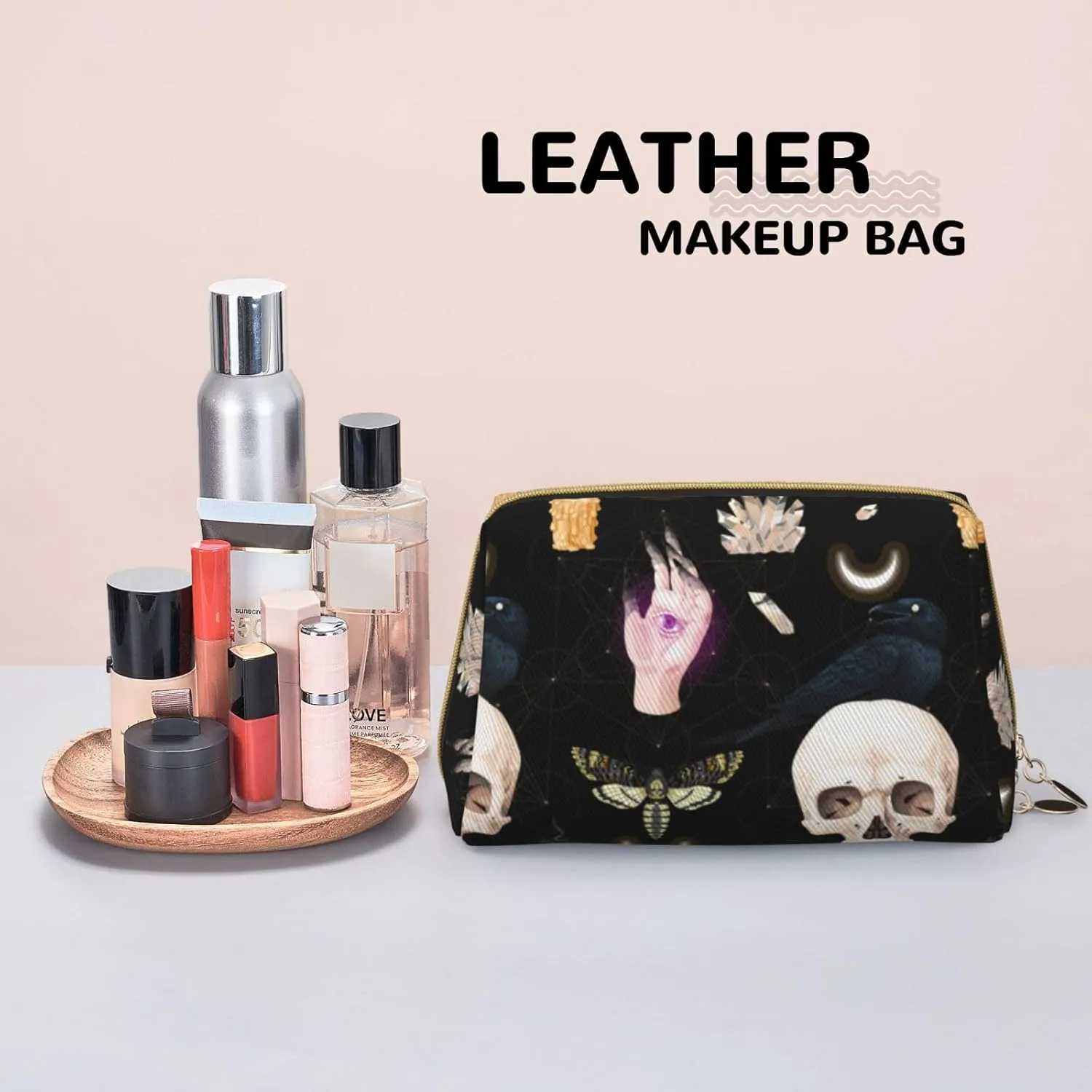 Travel Toiletry Bag Compatible With Halloween Gothic Raven Moon Moth Skull, Portable Cosmetic Clutch Coin Bag, Waterproof Leather Cloth Waterproof Zipper Portable Makeup Bag for Women