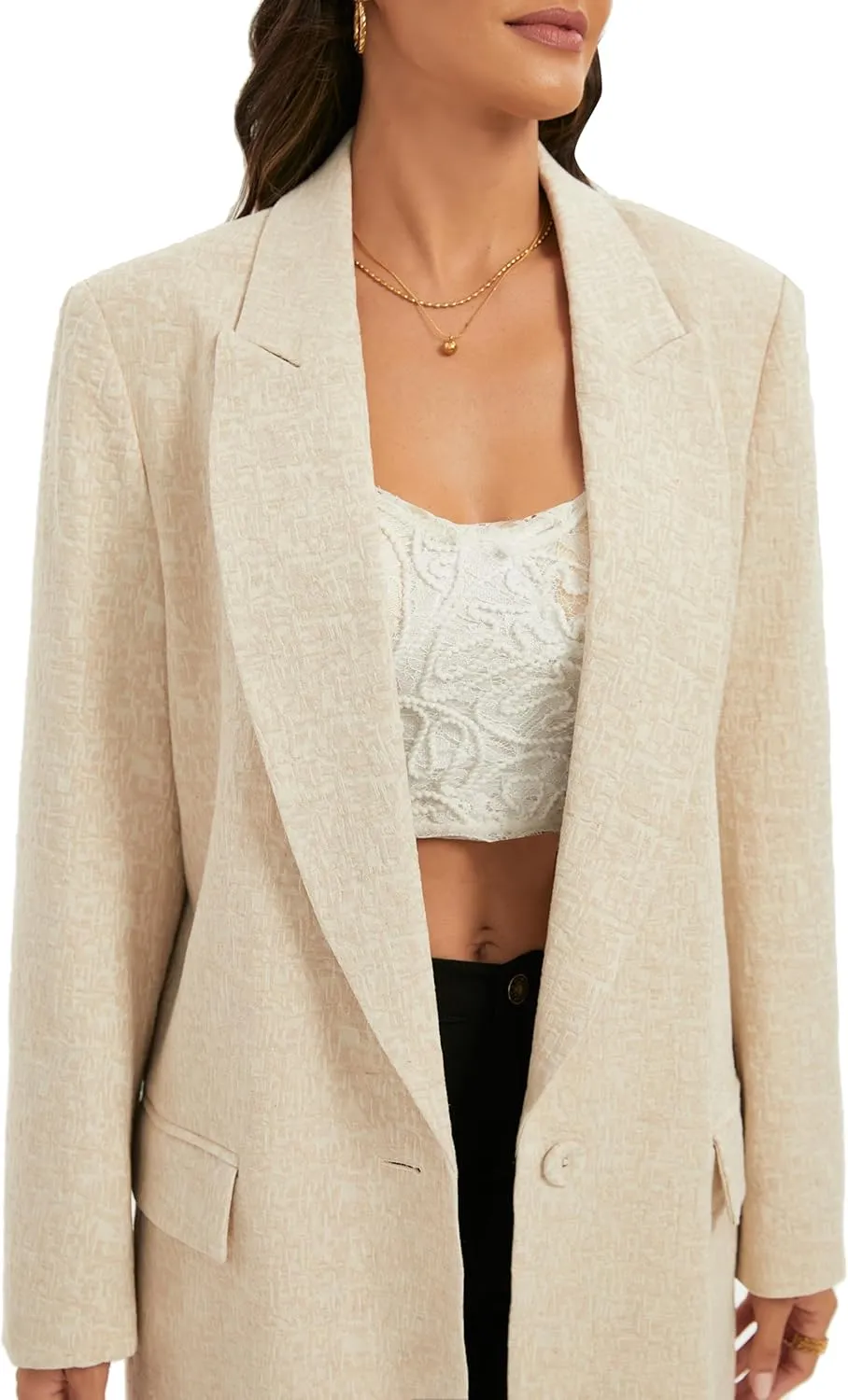 TRNY Womens Long Blazer - Linen Blazer Jackets with Textured Jacquard Long Sleeves Peak Lapel Suit for Work Casual Office