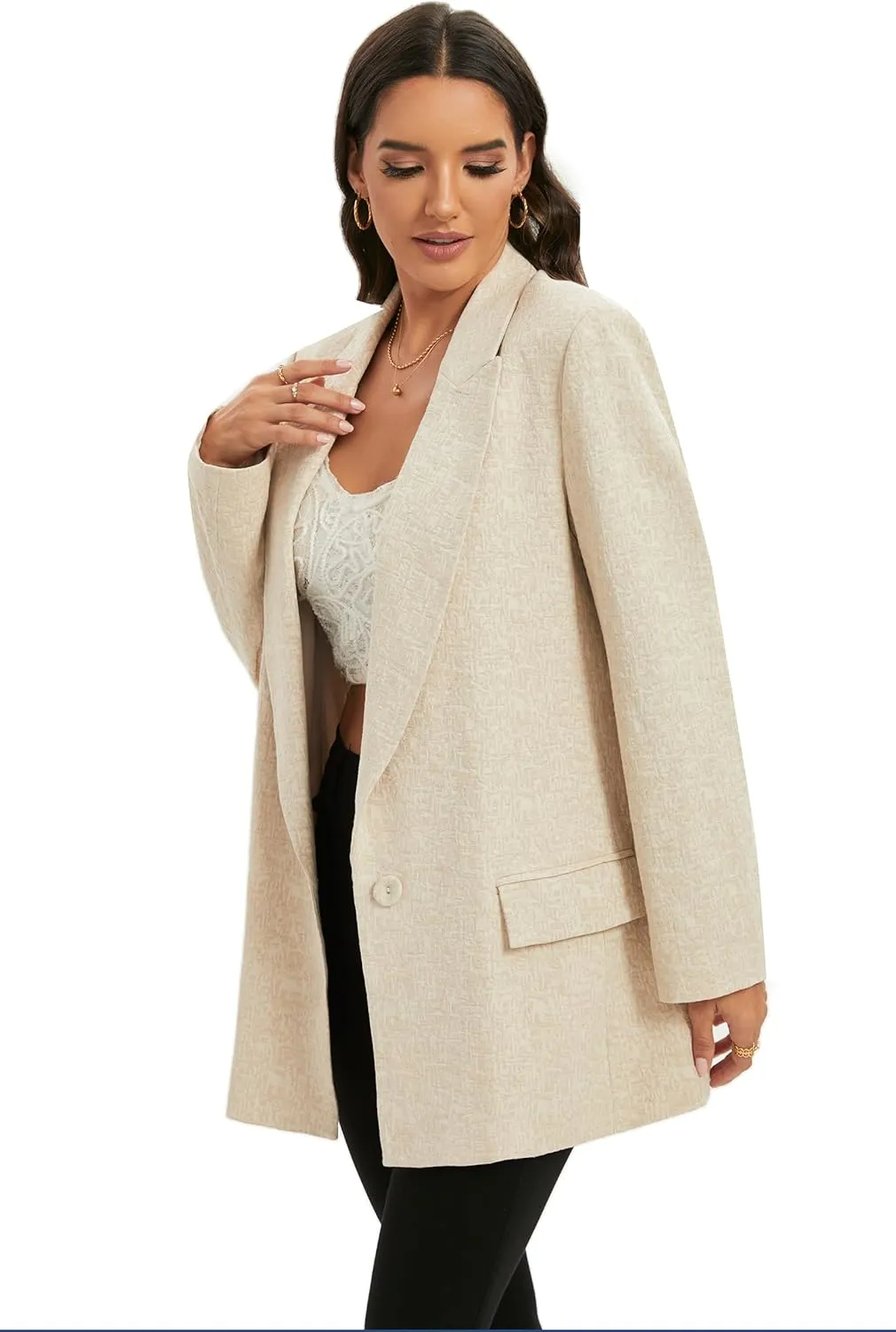 TRNY Womens Long Blazer - Linen Blazer Jackets with Textured Jacquard Long Sleeves Peak Lapel Suit for Work Casual Office