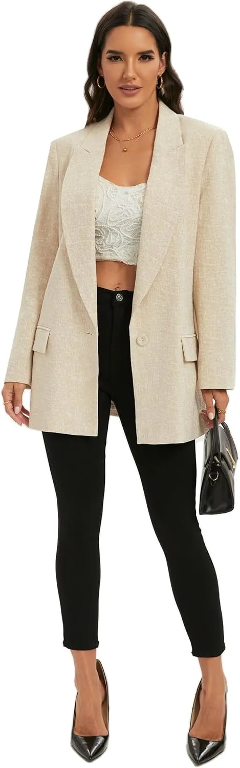 TRNY Womens Long Blazer - Linen Blazer Jackets with Textured Jacquard Long Sleeves Peak Lapel Suit for Work Casual Office