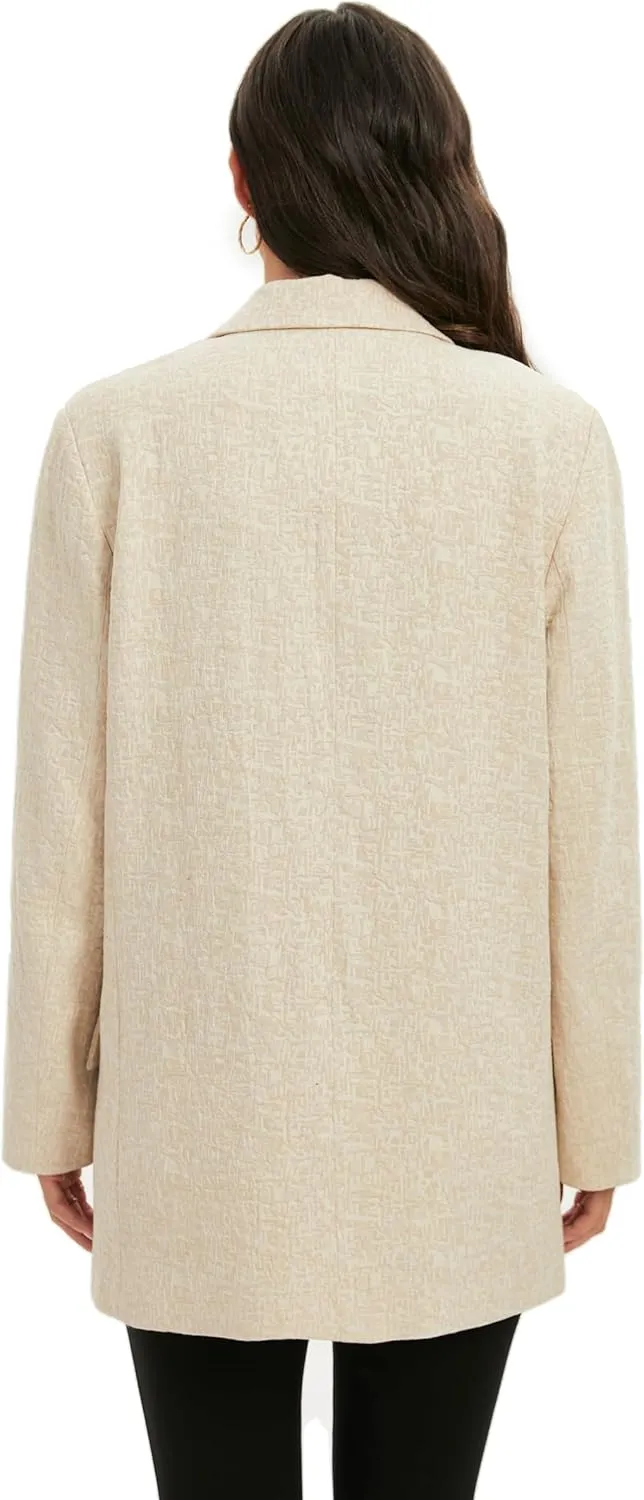 TRNY Womens Long Blazer - Linen Blazer Jackets with Textured Jacquard Long Sleeves Peak Lapel Suit for Work Casual Office