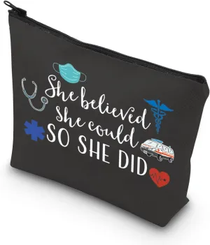 TSOTMO Emergency Medical Technician Gift She Believed She Could So She Did Inspirational EMT Makeup Bag (BLK-She Believed EMT)