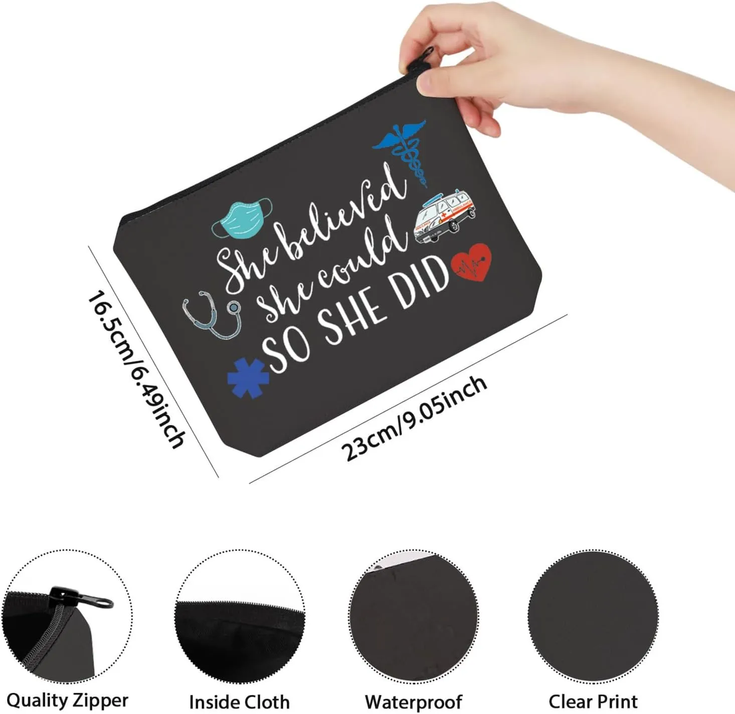 TSOTMO Emergency Medical Technician Gift She Believed She Could So She Did Inspirational EMT Makeup Bag (BLK-She Believed EMT)