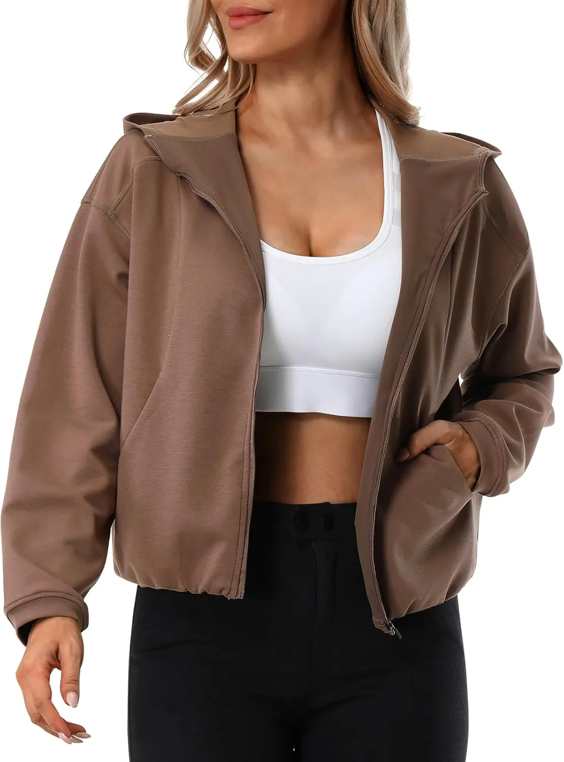 Turnhier Womens Zip Up Hoodies Long Sleeve Cropped Sweatshirts Jackets Casual Fall Outfits Winter Clothes with Pockets