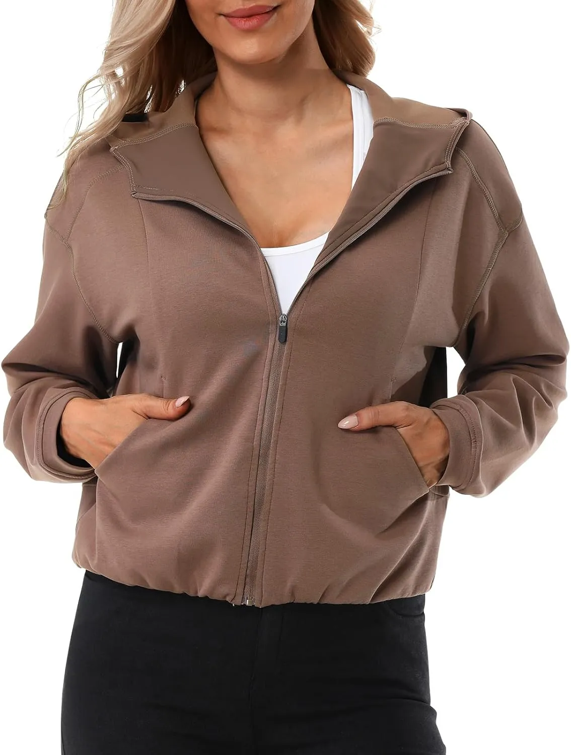 Turnhier Womens Zip Up Hoodies Long Sleeve Cropped Sweatshirts Jackets Casual Fall Outfits Winter Clothes with Pockets