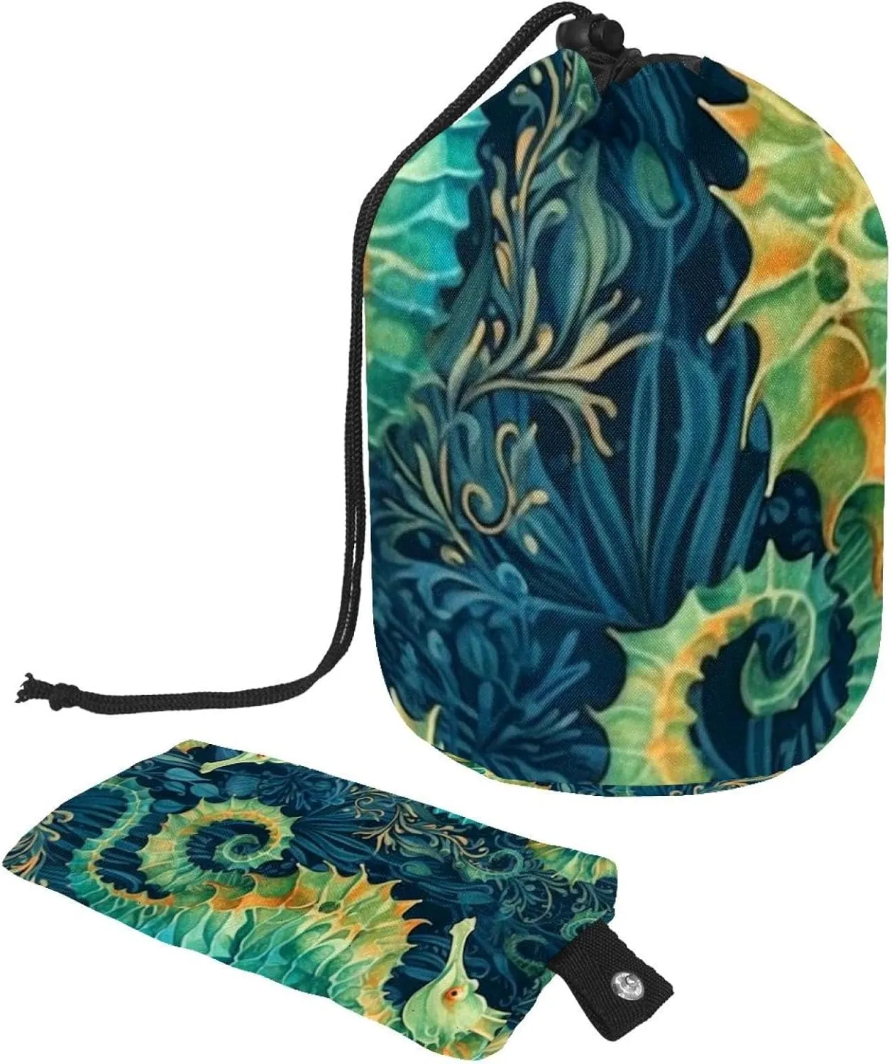 Underwater Seahorse Seaweed Travel Cosmetic Bags Makeup Bag for Women, Foldable Drawstring Travel Cosmetic Bags, Portable Toiletry Bucket Bag