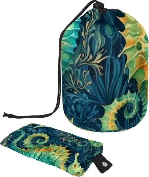 Underwater Seahorse Seaweed Travel Cosmetic Bags Makeup Bag for Women, Foldable Drawstring Travel Cosmetic Bags, Portable Toiletry Bucket Bag