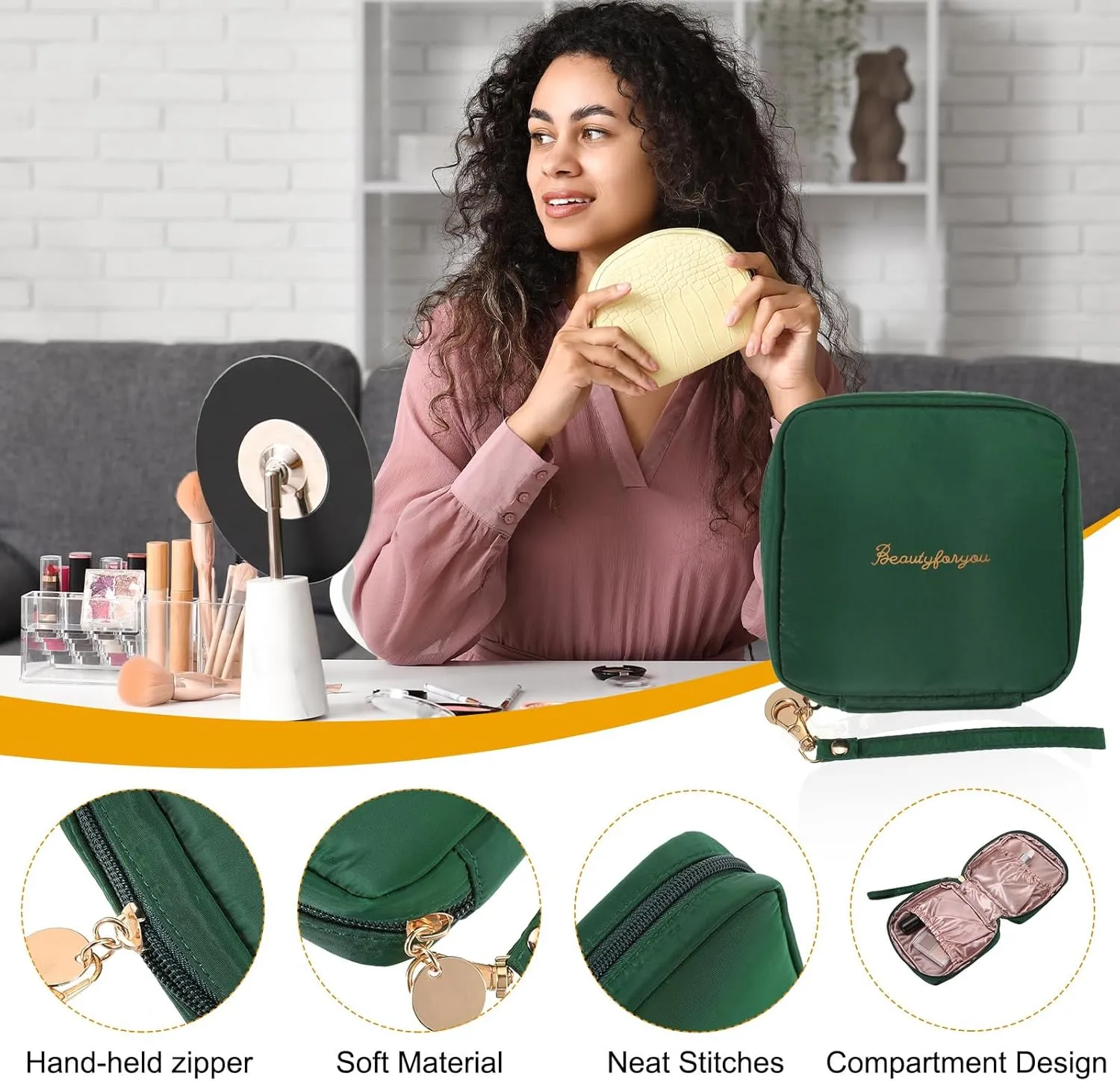uxcell Mini Makeup Bag for Purse, Small Cute Zipper Travel Cosmetic Bags Preppy Toiletry Storage Pouch for Coin Sanitary, Green