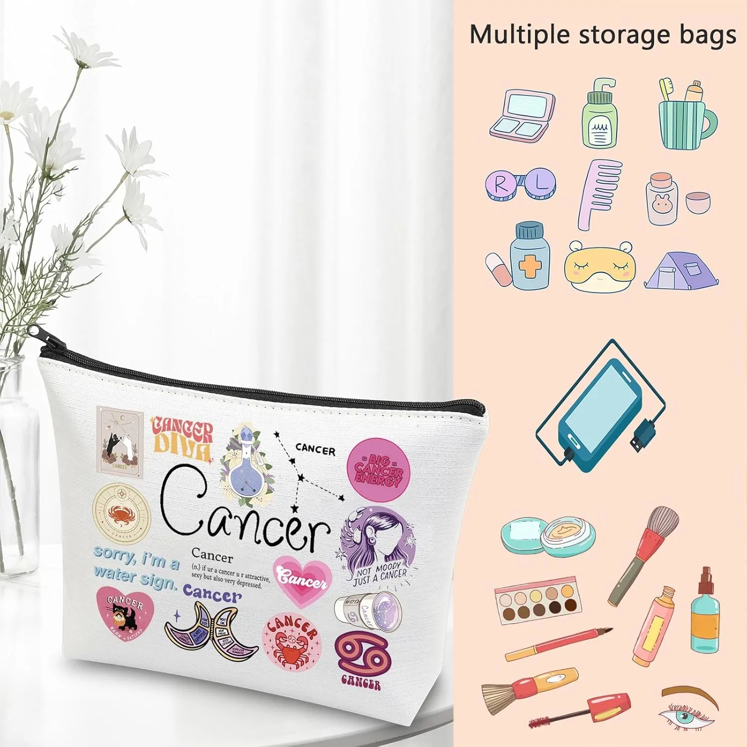 VAMSII 12 Constellation Birthday Gift for Astrology Lover Zodiac Symbol Sign Cosmetic Bag Horoscope Astrology Gift for Her (CancerBag)