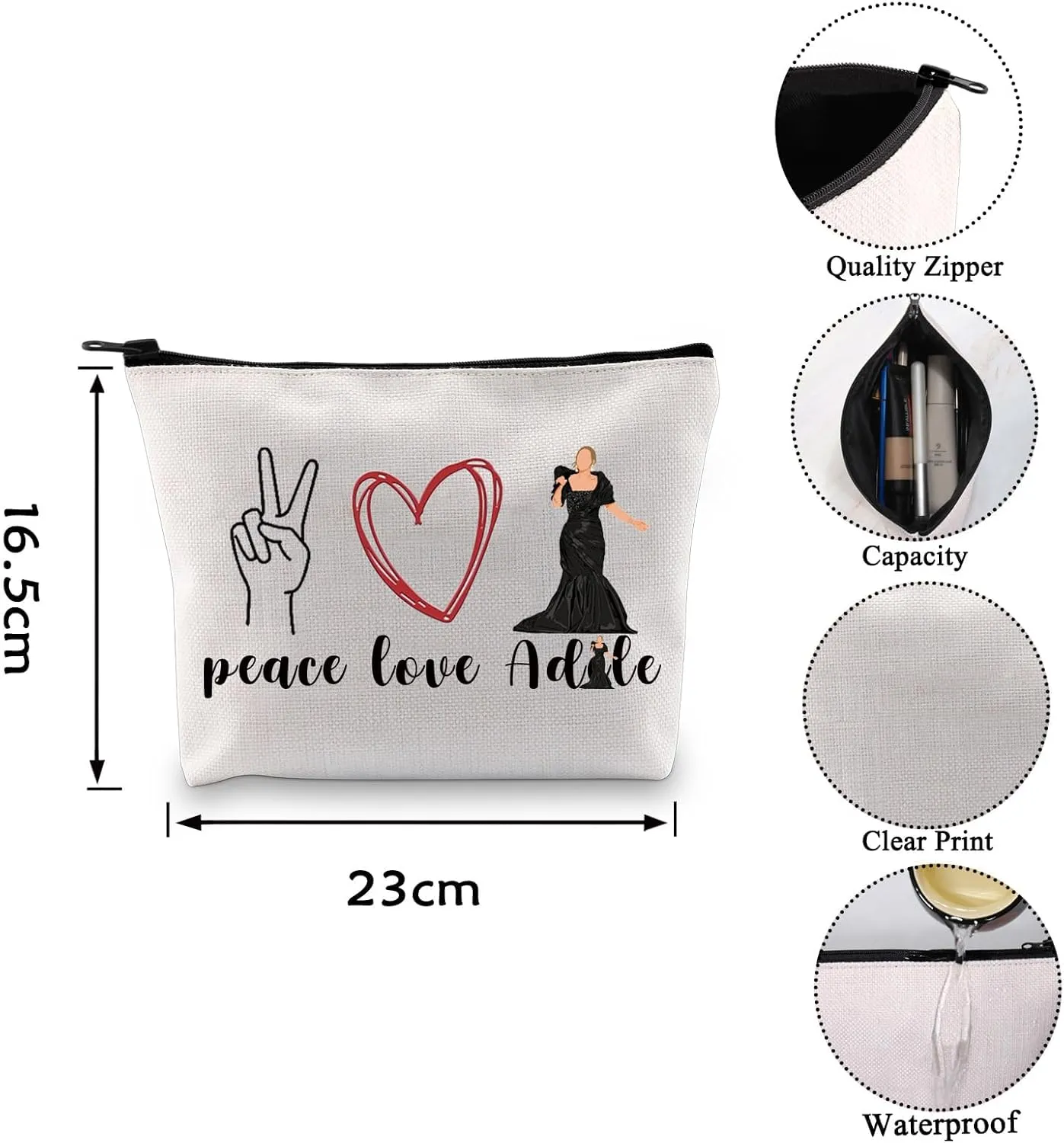 VAMSII Female Singer Peace Love Adele Makeup Bag - A-D Singer Fans Songwriter Gift