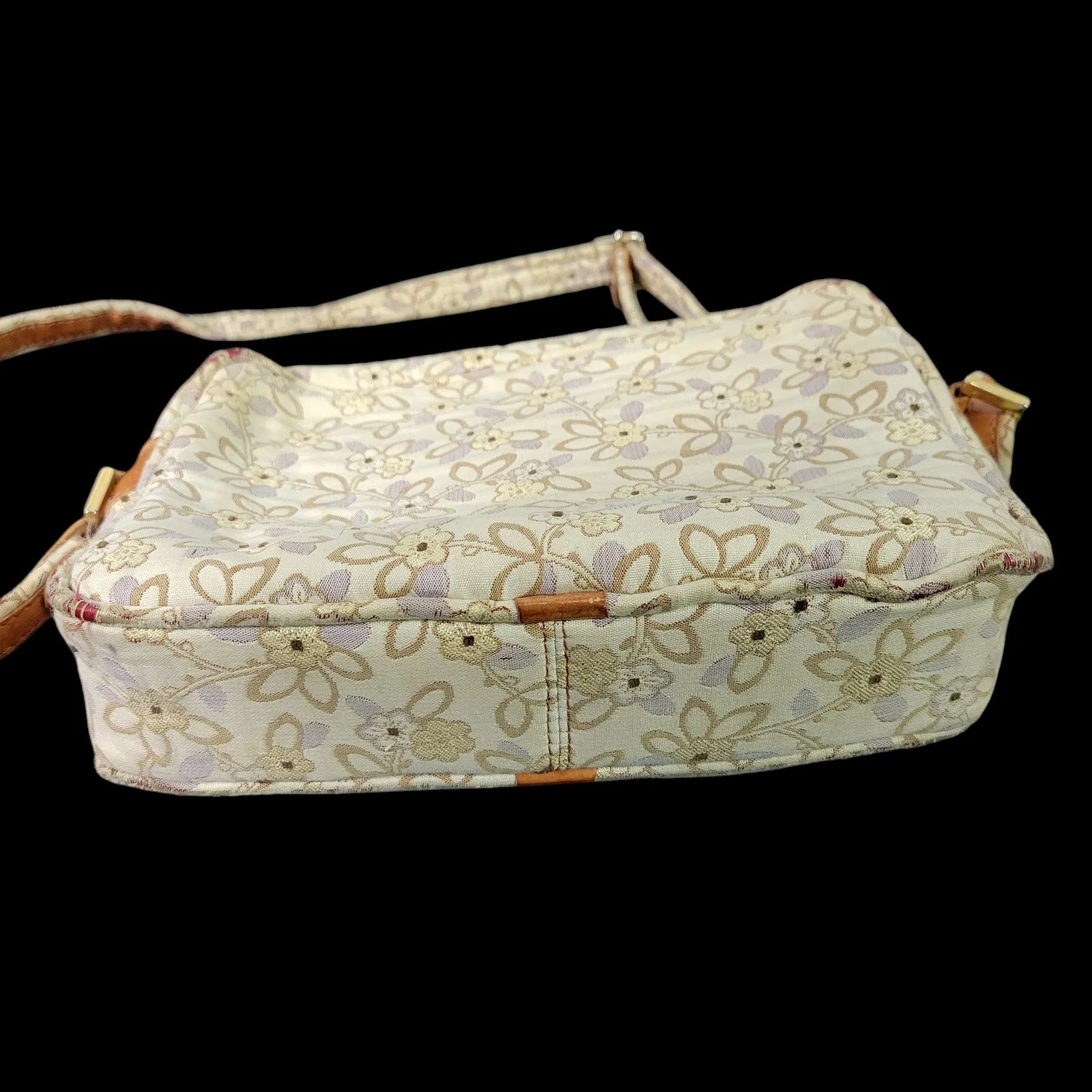 Vintage Daniel Tapestries Bag Set Beige Tapestry Leather Trim Padded Pouch Case Crossbody Floral Print Country 70s 80s