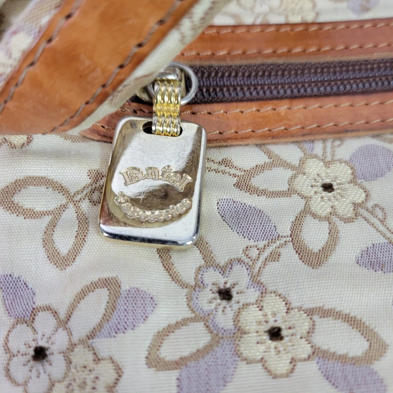 Vintage Daniel Tapestries Bag Set Beige Tapestry Leather Trim Padded Pouch Case Crossbody Floral Print Country 70s 80s