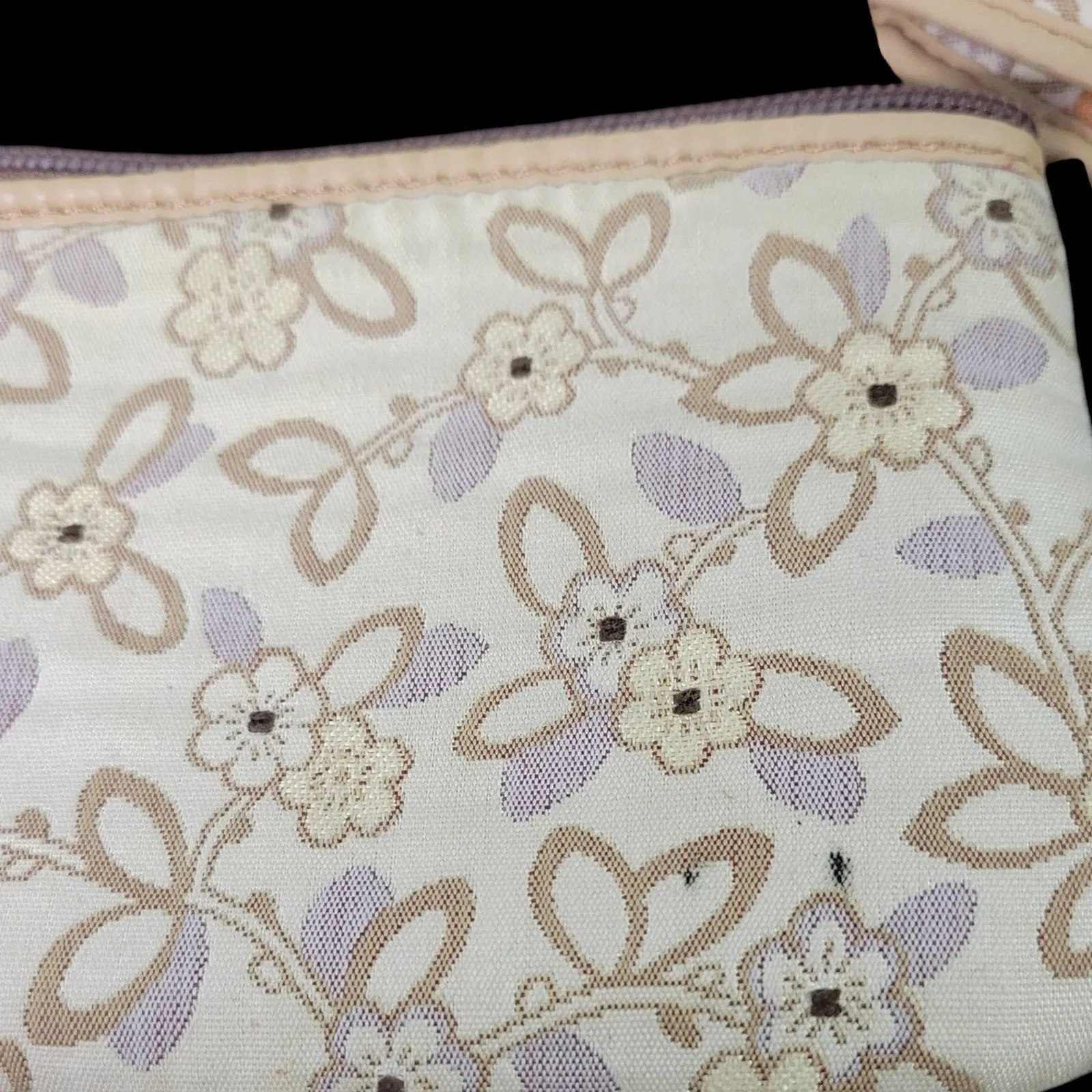 Vintage Daniel Tapestries Bag Set Beige Tapestry Leather Trim Padded Pouch Case Crossbody Floral Print Country 70s 80s
