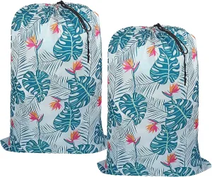 Washable Laundry Bag, (2 Pack) Dirty Clothes Hamper Liner with Drawstring Closure, Heavy Duty Rip-Stop Bag for Travel, Dorm, laundromat, 26x39 inches Light Leaf Print