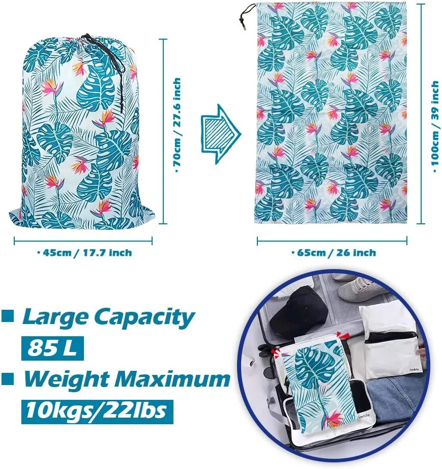 Washable Laundry Bag, (2 Pack) Dirty Clothes Hamper Liner with Drawstring Closure, Heavy Duty Rip-Stop Bag for Travel, Dorm, laundromat, 26x39 inches Light Leaf Print